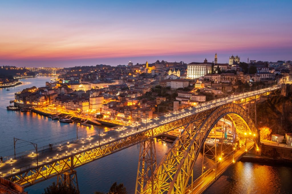 Porto, view of the illuminated Dom Luis I bridge