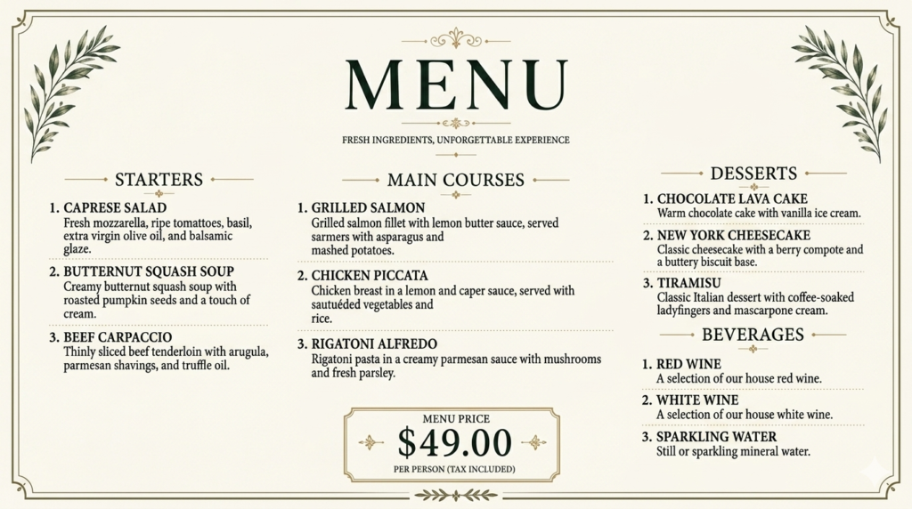 Mené restaurante inglés